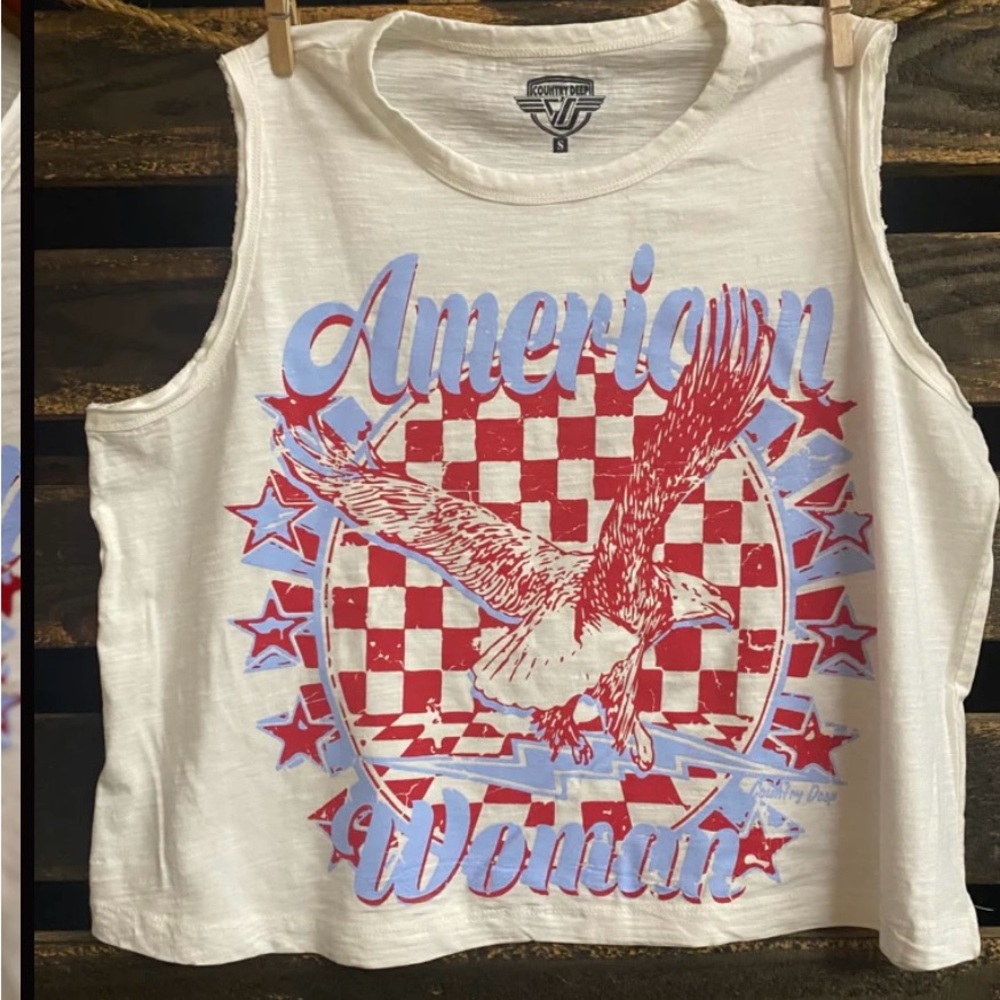 White and Red Sleeveless Crop Muscle Tee